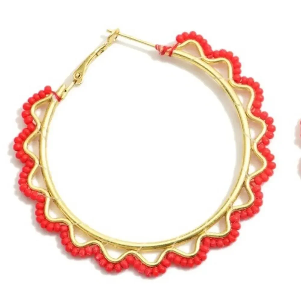 Scalloped Edge Beaded Hoop Earrings Red Gold